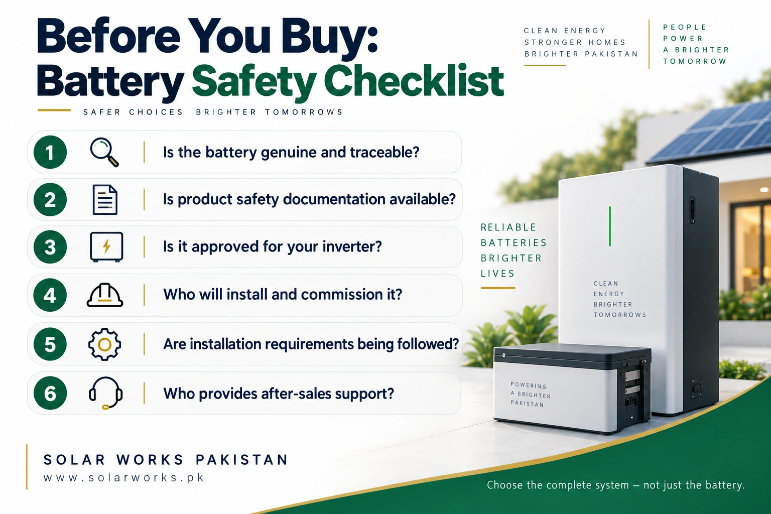 Infographic checklist to run before buying a solar battery: genuine and traceable product, safety documentation, inverter approval, who installs and commissions it, installation requirements and after-sales support