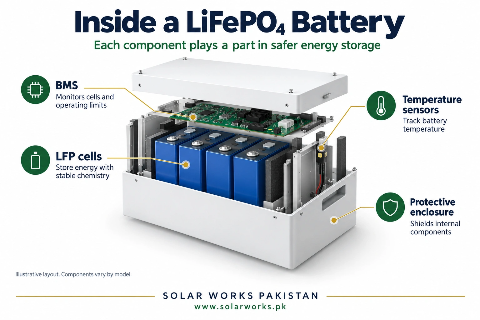 Cutaway infographic of a LiFePO4 battery showing the BMS circuit board, prismatic LFP cells, a temperature sensor and the protective steel enclosure