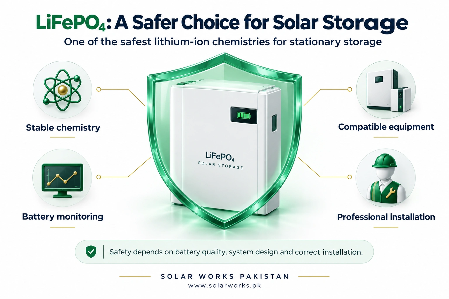 Infographic: LiFePO4 a safer choice for solar storage, with a battery inside a shield surrounded by stable chemistry, battery monitoring, compatible equipment and professional installation