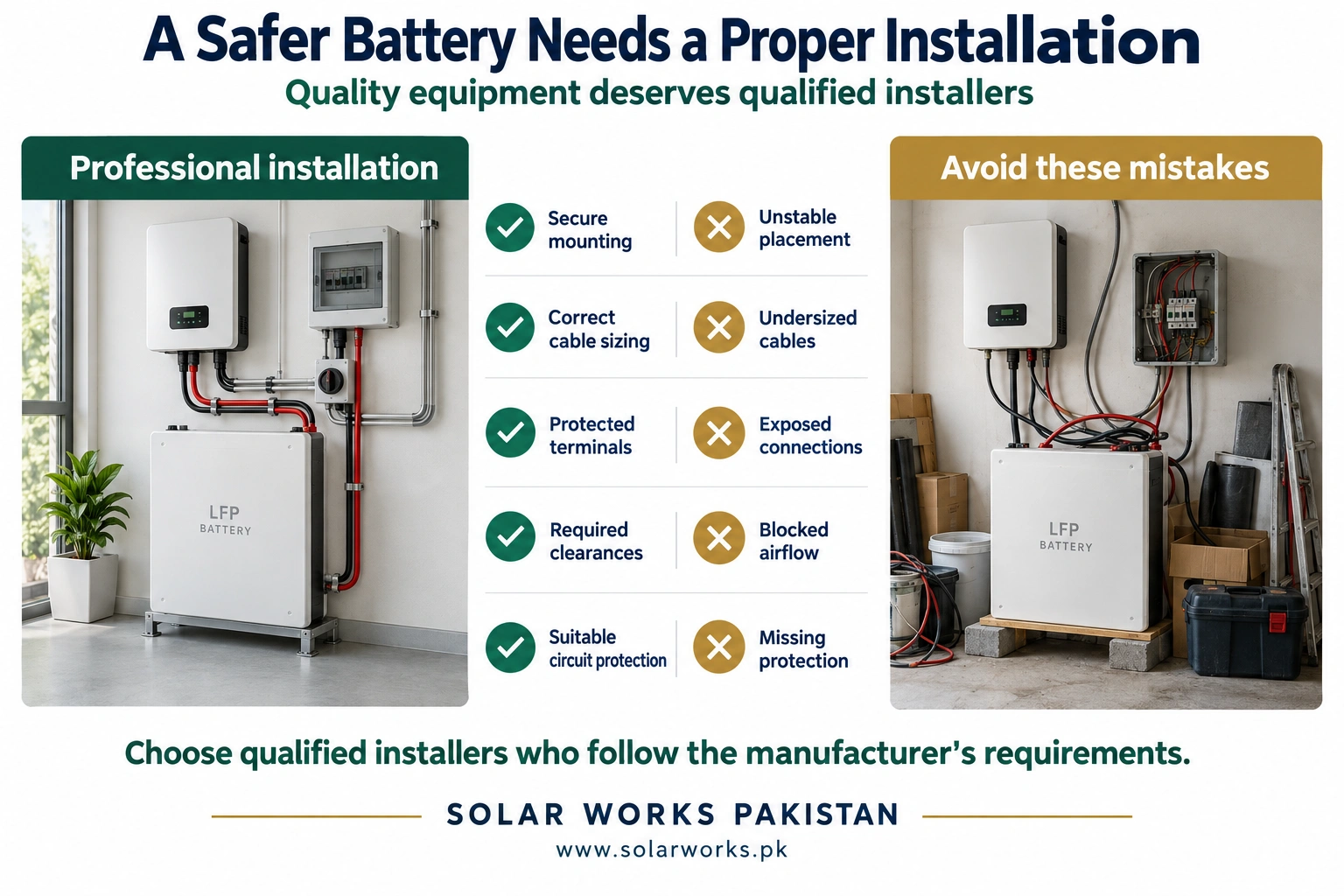 Comparison infographic: a professional battery installation with tidy conduit and protection beside a poor installation with exposed connections and blocked clearances