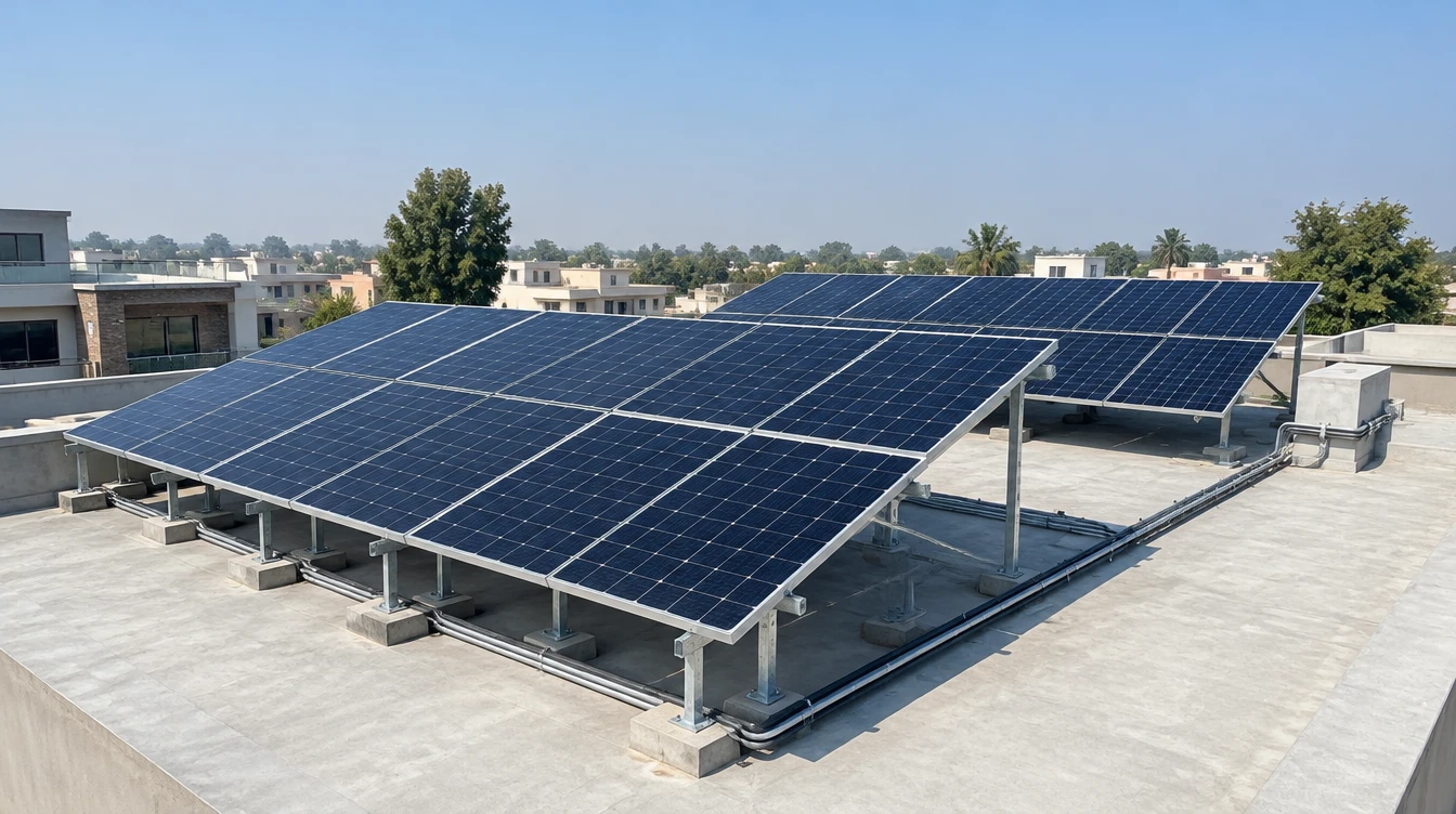 Rooftop solar array on elevated galvanised steel racking on a flat concrete roof in Punjab, Pakistan