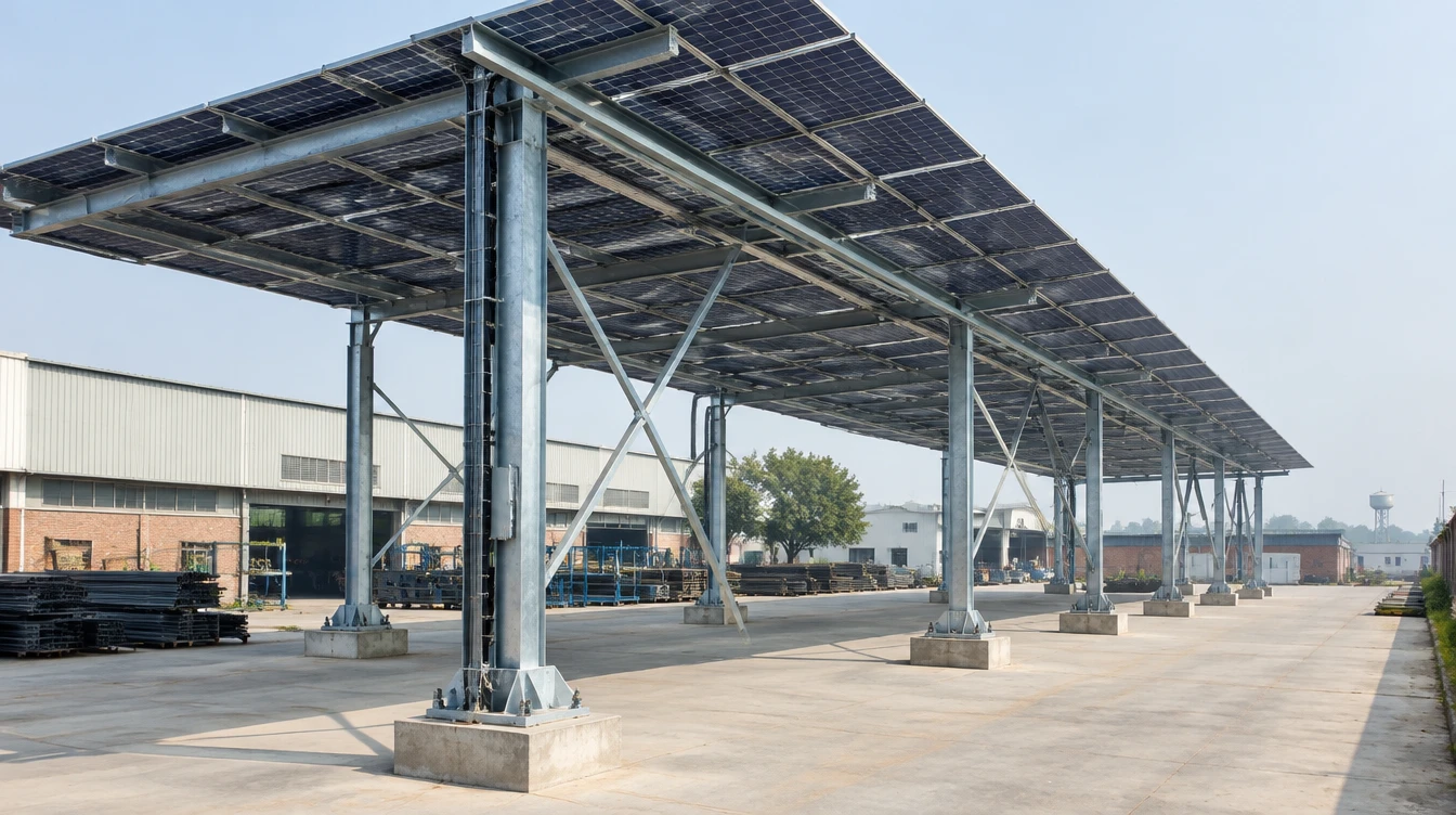 Customised elevated solar structure on heavy galvanised steel columns spanning a factory yard in Punjab, Pakistan