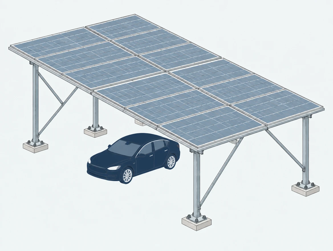 Isometric diagram of a customised elevated solar structure with bifacial half-cut panels spanning a yard with a car parked underneath