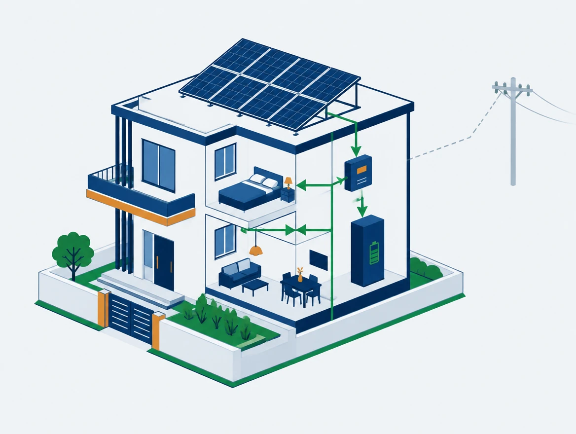Diagram of a hybrid solar house: rooftop panels feeding an inverter and battery cabinet, with the grid kept as backup