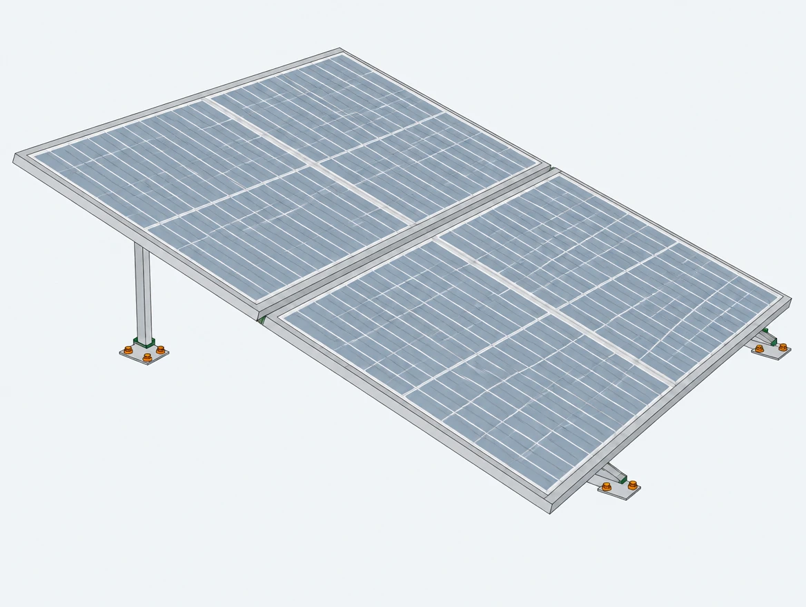 Isometric diagram of an L2 solar structure carrying two bifacial half-cut panels at low tilt