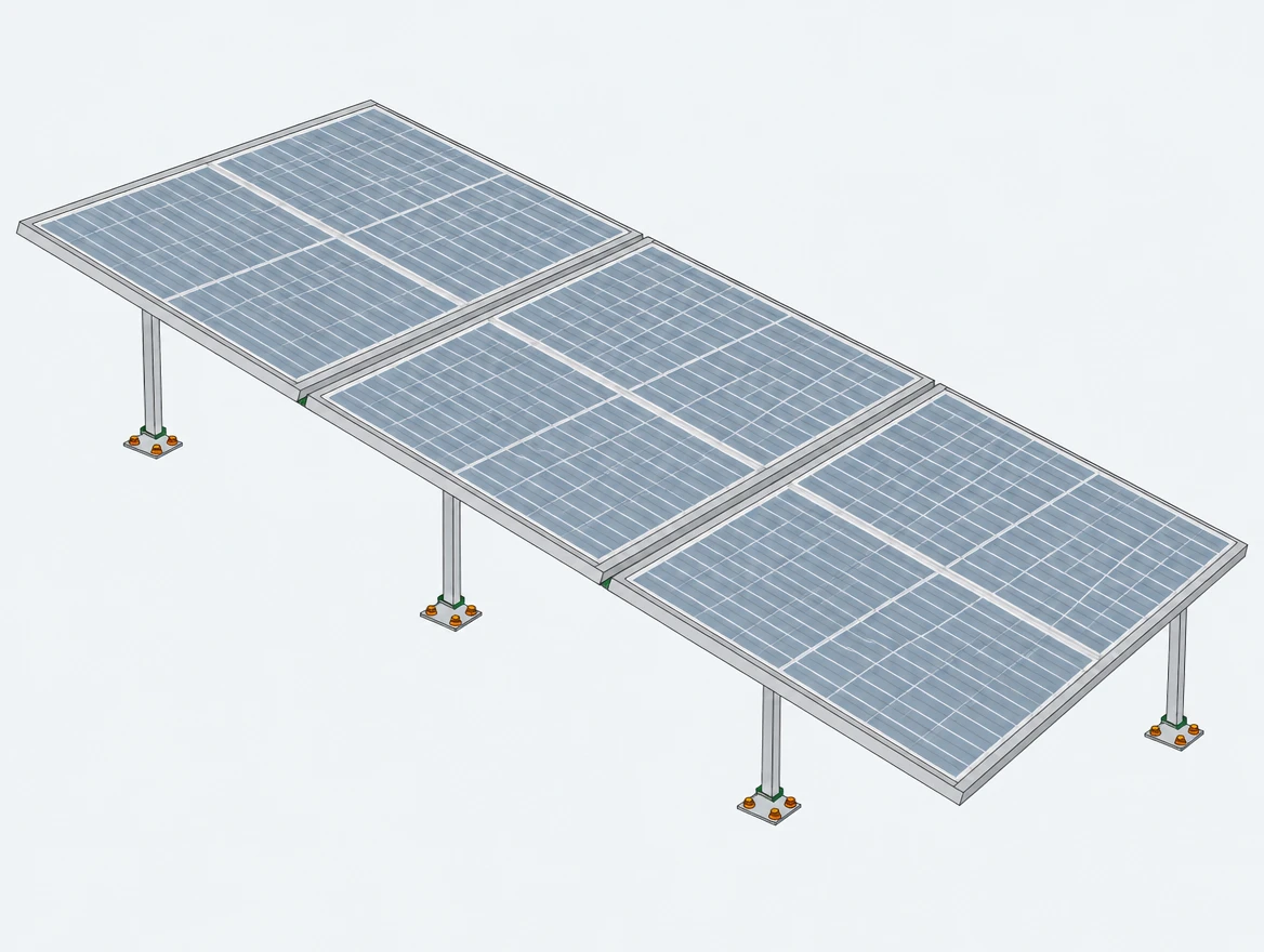 Isometric diagram of an L3 solar structure carrying three bifacial half-cut panels in one row at low tilt