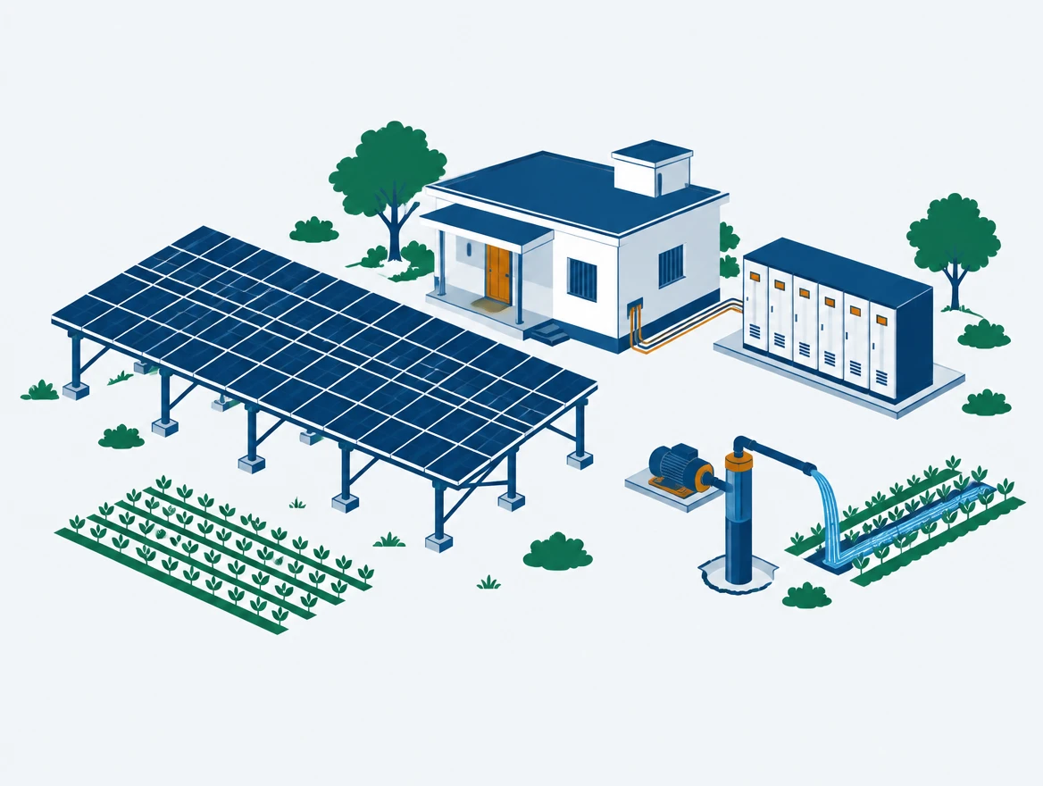 Diagram of a fully off-grid installation: ground-mounted array, large battery bank, tube well, and no utility connection