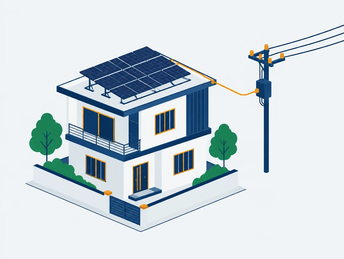 Diagram of an on-grid solar house: rooftop panels connected to the utility pole, no battery