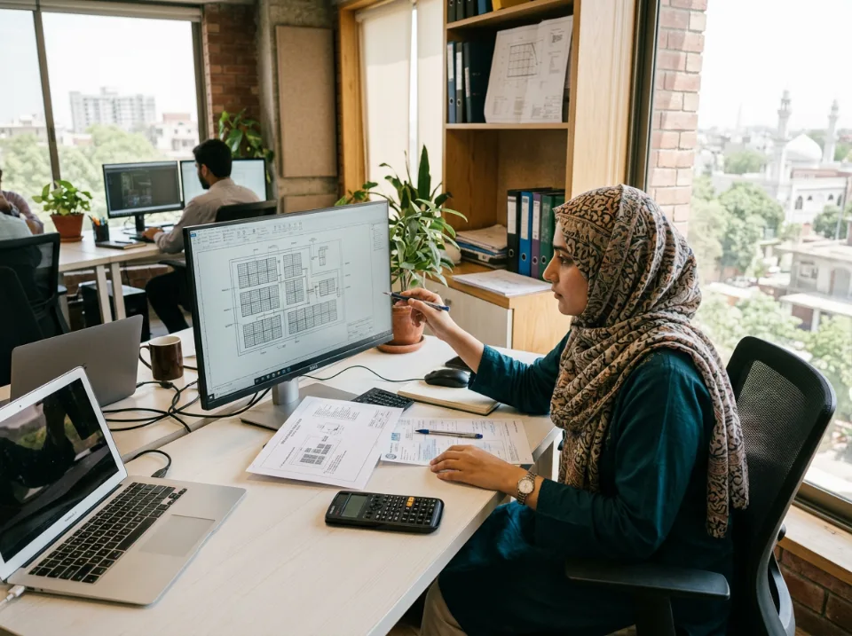 Design engineer reviewing a rooftop panel layout on screen with the equipment list