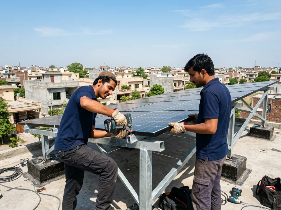 Two installers fixing panels onto an elevated steel structure on a rooftop