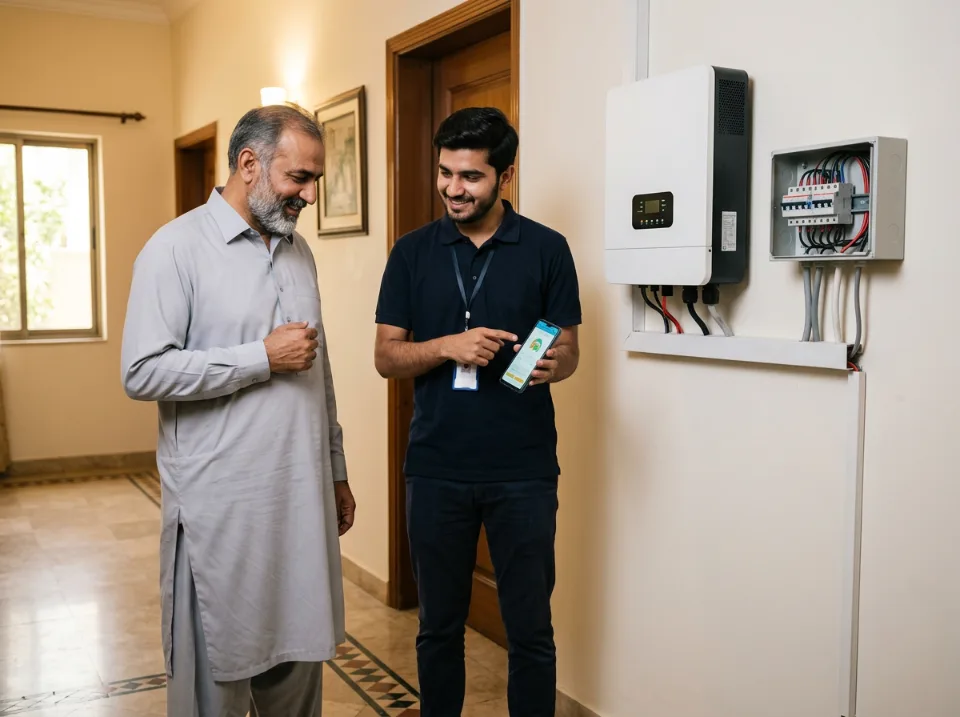 Technician showing a homeowner the monitoring app beside the installed inverter