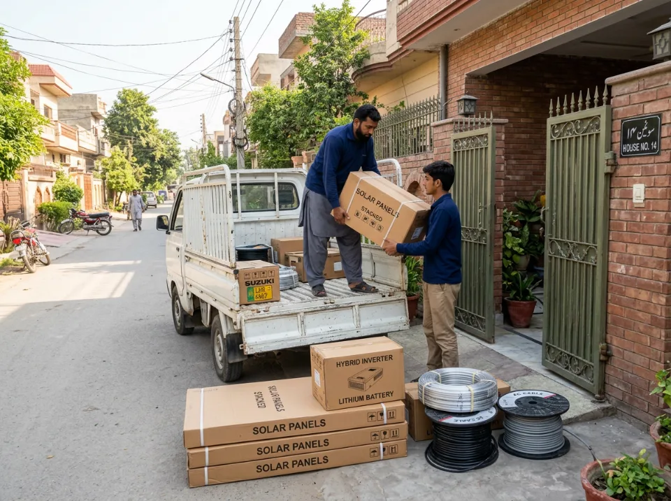 Boxed panels, inverter, battery and cable reels being unloaded at a house gate