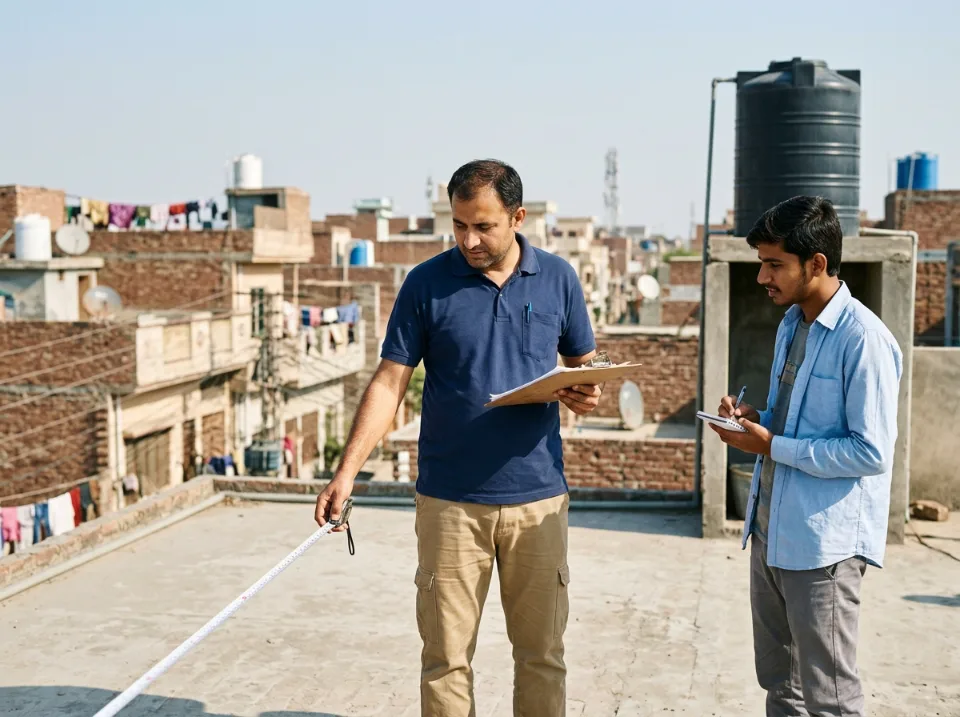 Two Solar Works engineers measuring a flat rooftop with a tape and clipboard