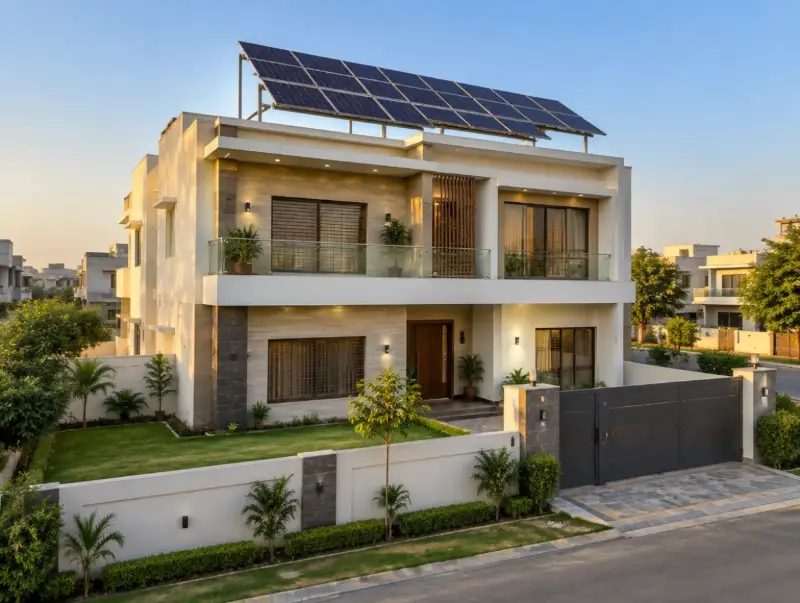 Modern house with rooftop solar on an elevated structure