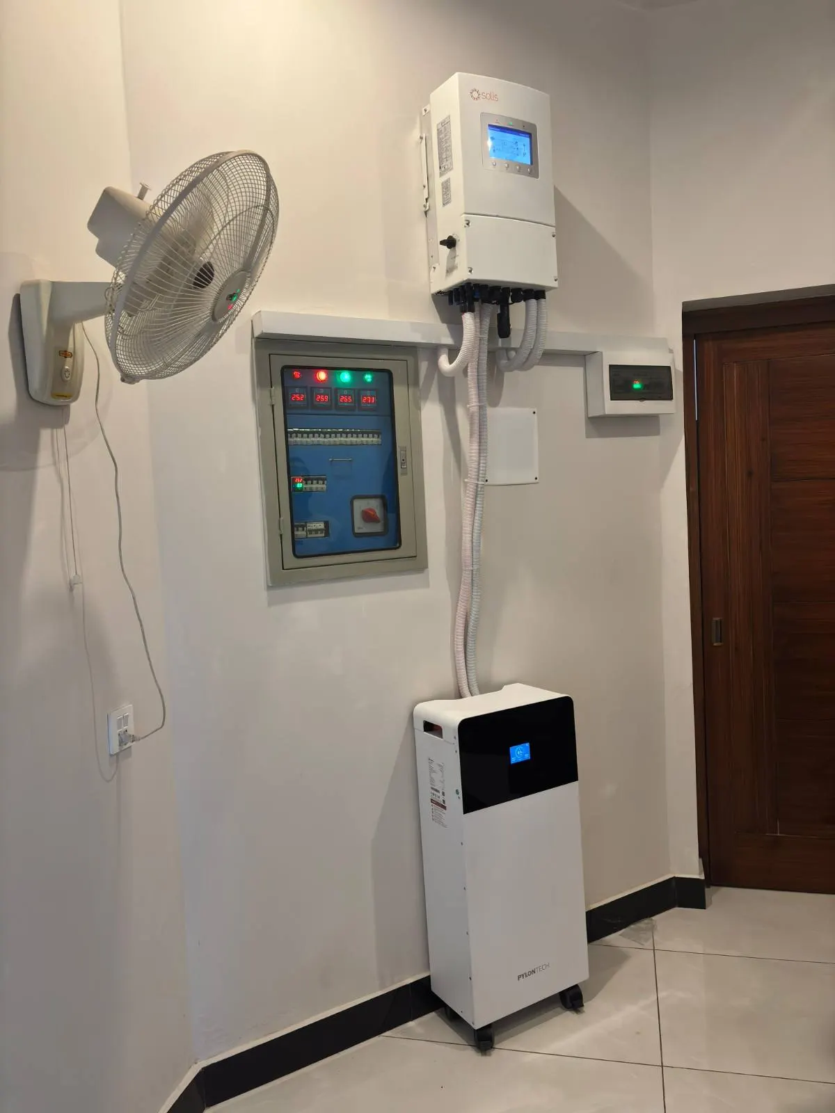 Hybrid inverter with a floor standing lithium battery and a metered distribution panel
