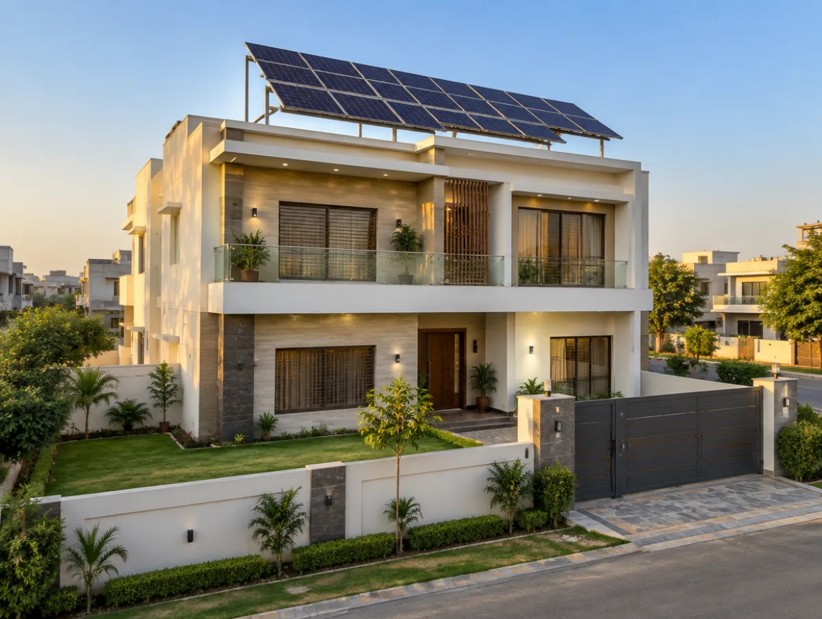 Modern house with rooftop solar on an elevated structure